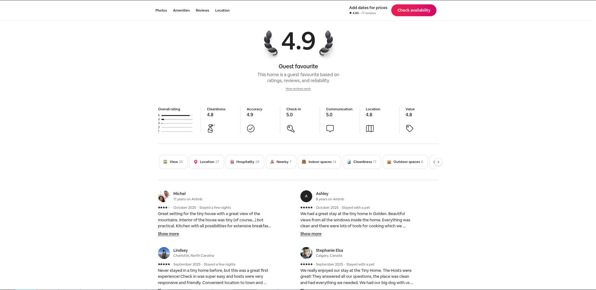 4.9 star rating breakdown — Cleanliness 4.8, Accuracy 4.9, Check-in 5.0, Communication 5.0