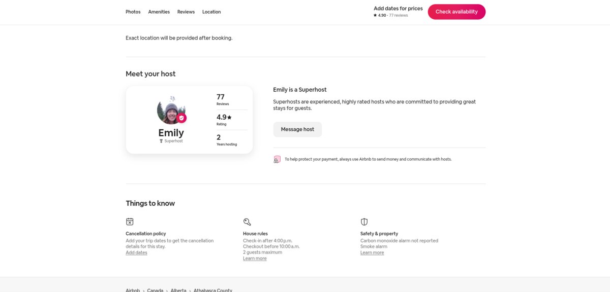 Host profile — Emily, Superhost, 77 reviews, 4.9 rating